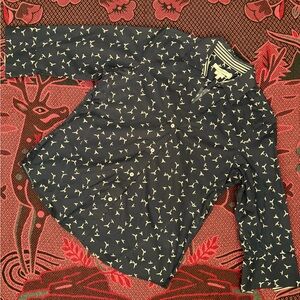 Foxcroft Navy Button-Down Shirt with Cream Bird Print